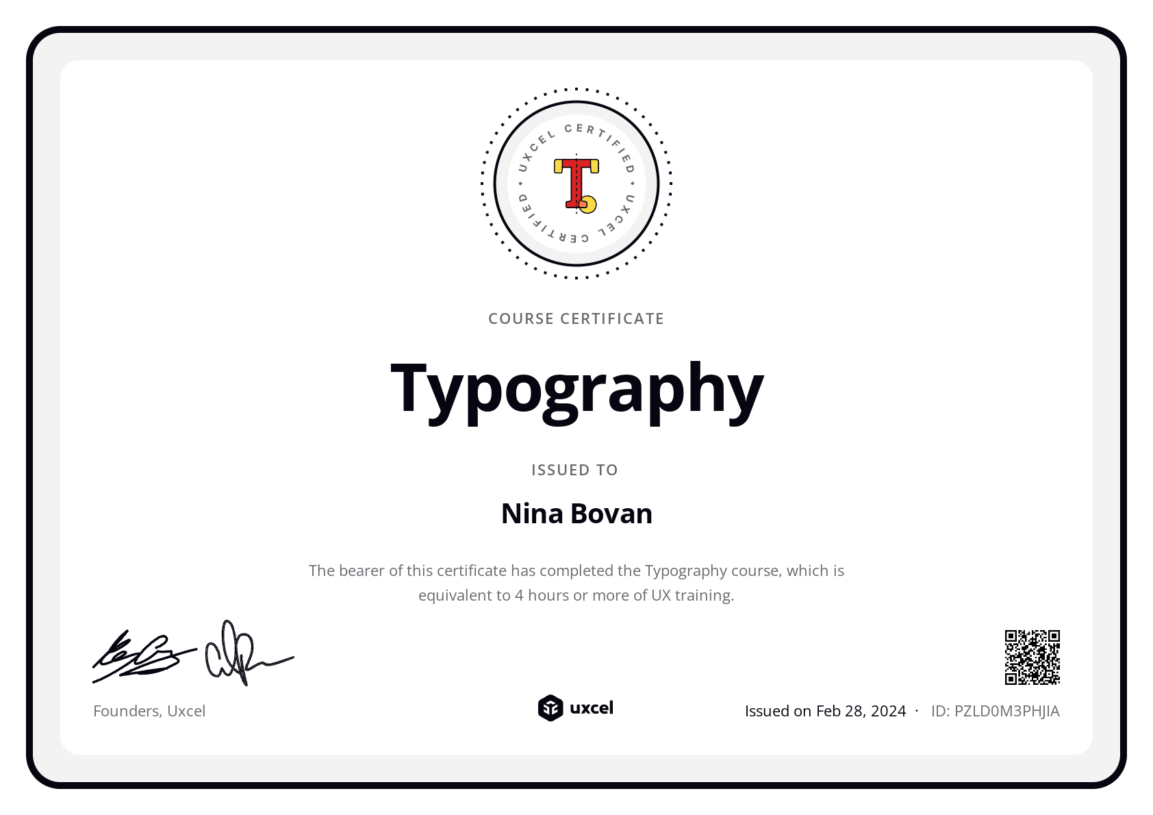 Nina Bovan's certificate